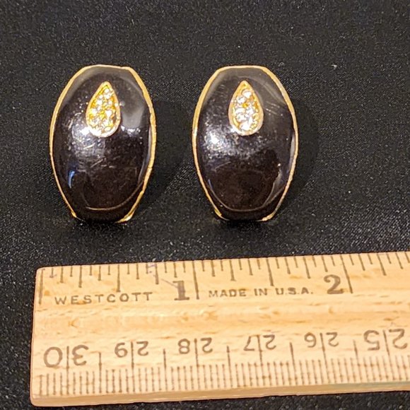 Vintage Black Enamel/Clear Rhinestone Earrings - Picture 4 of 5